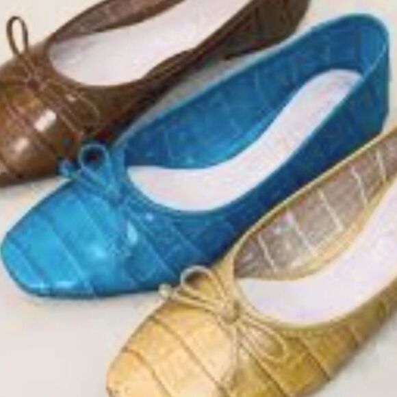 Schutz Ariara Cerulean Blue Croc Embossed Square Toe Bow Ballet Flats Size 10 - Picture 10 of 10